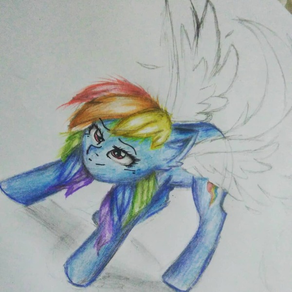 Size: 1080x1080 | Tagged: safe, alternate version, artist:cats_drawings_cos, derpibooru import, rainbow dash, pegasus, pony, female, image, jpeg, mare, partial color, smiling, solo, traditional art, wings