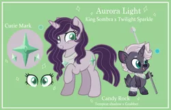 Size: 3016x1928 | Tagged: safe, artist:sakurainu2715, derpibooru import, oc, oc:candy rock, oc:moon dust, pony, unicorn, female, image, mare, offspring, parent:grubber, parent:king sombra, parent:tempest shadow, parent:twilight sparkle, parents:grubbest, parents:twibra, png, spear, weapon