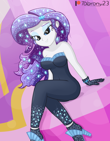 Size: 1456x1872 | Tagged: safe, artist:tabrony23, derpibooru import, rarity, equestria girls, equestria girls series, the other side, beautiful, bedroom eyes, breasts, cleavage, clothes, fanart, female, gloves, high heels, high res, image, lidded eyes, looking at you, patreon, patreon logo, png, raised eyebrow, sexy, shoes, solo, strapless, stupid sexy rarity, unitard