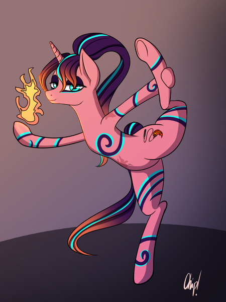 Size: 900x1200 | Tagged: safe, alternate version, artist:plaguemare, derpibooru import, oc, oc:pyro mane, unofficial characters only, pony, unicorn, blue eyes, body markings, bodypaint, burn marks, contortion, dancing, eyeliner, female, fire, image, makeup, mare, performer, pink coat, png, ponytail, purple mane, purple tail, pyro, pyromancy, raised leg, simple background, solo, splits, yoga, yoga pose