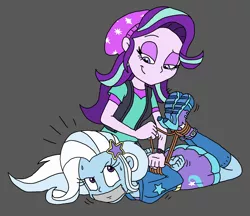 Size: 1700x1467 | Tagged: safe, artist:bugssonicx, derpibooru import, starlight glimmer, trixie, equestria girls, arm behind back, bondage, bound and gagged, female, femdom, femsub, gag, hogtied, image, png, rope, rope bondage, stardom glimmer, submissive, sweat, sweatdrops, tape, tape gag, the weak and powerless trixie, tied up, trixsub, tying