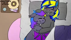 Size: 3840x2160 | Tagged: suggestive, artist:jellysiek, derpibooru import, oc, oc:grey, oc:rapid shadow, unofficial characters only, bat pony, pony, unicorn, aftercare, afterglow, bed, bedside stand, blanket, blushing, chocolate, couple, covering, cozy, cuddling, ear fluff, end table, fangs, floppy ears, food, freckles, gay, holding hooves, hug, image, kinktober2020, lamp, love, lying down, male, oc x oc, on bed, petting, pillow, png, rapid x grey, sheet, shipping, smiling, snuggling, stallion, teeth, top down, wing hold, winghug, wings