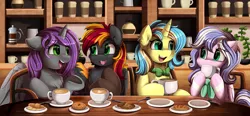 Size: 3717x1729 | Tagged: safe, artist:pridark, derpibooru import, oc, unofficial characters only, alicorn, pegasus, pony, unicorn, alicorn oc, bowtie, cafe, chest fluff, coffee, cup, drinking, food, horn, image, png, smiling, spoon, teacup, teaspoon, wings