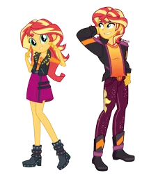 Size: 1316x1448 | Tagged: safe, artist:orin331, derpibooru import, edit, sunset shimmer, equestria girls, equestria girls series, arm behind head, arms in the air, boots, clothes, cutie mark, cutie mark on clothes, equestria guys, female, geode of empathy, grin, hand on hip, handsome, happy, image, jacket, legs, magical geodes, male, pants, png, r63 paradox, rule 63, self paradox, shirt, shoes, simple background, skirt, smiling, sunset glare, transparent background