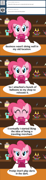 Size: 500x1953 | Tagged: safe, artist:sonic-chaos, derpibooru import, pinkie pie, earth pony, alicorn amulet, ask, female, four string samurai, image, png, solo, the legend of zelda, the legend of zelda: majora's mask