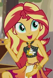 Size: 457x666 | Tagged: safe, derpibooru import, screencap, sunset shimmer, equestria girls, equestria girls series, x marks the spot, belly button, clothes, cropped, geode of empathy, image, magical geodes, png, sarong, sleeveless, solo, swimsuit
