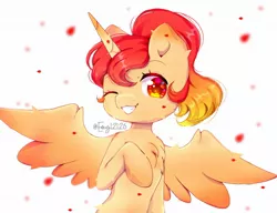 Size: 2000x1535 | Tagged: safe, artist:emy12126, artist:emyjk, derpibooru import, oc, alicorn, anthro, pony, cute, grin, image, jpeg, one eye closed, pegasister, smiling, solo, spread wings, sunny, wings, wink