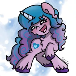 Size: 3000x3000 | Tagged: safe, artist:minty joy, derpibooru import, izzy moonbow, pony, unicorn, abstract background, blushing, cheek fluff, chest fluff, cute, ear fluff, eyes closed, g5, high res, image, izzybetes, leg fluff, open mouth, png, raised hoof, signature, simple background, solo, unshorn fetlocks