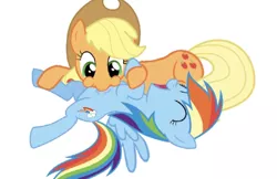 Size: 821x533 | Tagged: safe, artist:princessdestiny200i, derpibooru import, applejack, rainbow dash, earth pony, pegasus, pony, applejack's hat, cowboy hat, duo, female, hat, image, jpeg, lying down, mare, on back, raspberry, simple background, tickle torture, tickling, tongue out, tummy buzz, white background