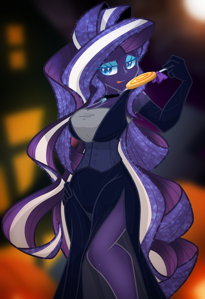 Size: 2200x3200 | Tagged: safe, artist:geraritydevillefort, derpibooru import, nightmare rarity, equestria girls, beautisexy, candy, clothes, dress, equestria girls-ified, evening gloves, food, gloves, halloween, holiday, image, lollipop, long gloves, nightmare night, png, side slit, tongue out