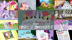 Size: 1986x1117 | Tagged: safe, derpibooru import, edit, edited screencap, editor:quoterific, screencap, apple bloom, diamond tiara, princess celestia, rainbow dash, rarity, scootaloo, snails, snips, sweetie belle, twilight sparkle, ponyville confidential, baby, baby apple bloom, cake, cakelestia, cutie mark crusaders, food, gabby gums, image, paper boat, png, printing press, rain, younger