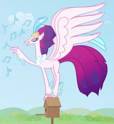 Size: 6388x6969 | Tagged: safe, artist:kmlp, derpibooru import, queen novo, classical hippogriff, hippogriff, my little pony: the movie, absurd resolution, behaving like a bird, bird house, cute, derpibooru exclusive, eyes closed, female, happy, image, music notes, novobetes, png, singing, smiling, solo, vector, wings