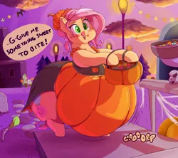 Size: 2000x1774 | Tagged: suggestive, artist:sirmasterdufel, derpibooru import, oc, oc:claire, pony, adorafatty, belly, big belly, bipedal, bipedal leaning, blushing, candy, chubby cheeks, fat, female, food, huge belly, image, leaning, mare, nightmare night, obese, png, pumpkin, pumpkin bucket, pumpkin gut, stomach noise