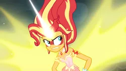 Size: 1920x1080 | Tagged: safe, derpibooru import, screencap, sunset shimmer, equestria girls, friendship games, bare shoulders, canterlot high, clenched teeth, daydream shimmer, female, glare, horn, image, png, sleeveless, solo, strapless, wings