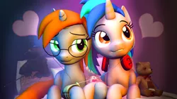 Size: 3265x1837 | Tagged: safe, artist:drdicksamazingstick, derpibooru import, oc, oc:homage, oc:littlepip, unofficial characters only, pony, unicorn, fallout equestria, fanfic, 3d, absurd resolution, bed, chocolate, dreamy expression, earbuds, fallout, fanfic art, female, food, glasses, grin, headphones, heart, high res, holding hooves, hooves, horn, image, lesbian, mare, pillow, pipbuck, pipmage, png, sharing headphones, shipping, smiling, source filmmaker, teddy bear