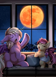 Size: 2550x3509 | Tagged: safe, artist:pridark, derpibooru import, oc, oc:beaming heart, oc:pinkfull night, unofficial characters only, bat pony, pony, baby, bat pony oc, bat wings, behaving like a bat, bow, chest fluff, couch, diaper, eeee, eyes closed, fangs, female, filly, full moon, glasses, image, moon, night, png, shading, teenager, tree, underhoof, window, wings