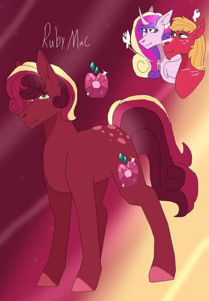 Size: 1280x1843 | Tagged: safe, artist:mayflower-mlp, derpibooru import, big macintosh, princess cadance, oc, oc:ruby mac, earth pony, pony, abstract background, cadmac, female, image, infidelity, jpeg, male, offspring, parent:big macintosh, parent:princess cadance, parents:cadmac, shipping, stallion, straight