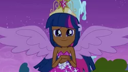 Size: 1920x1080 | Tagged: safe, color edit, derpibooru import, edit, edited screencap, screencap, twilight sparkle, human, equestria girls, equestria girls (movie), adorkable, bare shoulders, clothes, colored, crying, cute, dark skin, dork, dress, element of magic, fall formal outfits, female, gala dress, human coloration, image, jpeg, ponied up, sad, sadorable, skin color edit, sleeveless, solo, strapless, sweet dreams fuel, teary eyes, twiabetes
