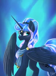Size: 1480x2000 | Tagged: safe, artist:evedizzy26, derpibooru import, idw, princess luna, alicorn, pony, abstract background, artemis luna, female, image, lidded eyes, looking at you, mare, png, smiling, solo, spread wings, tail wrap, wings