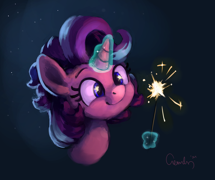 Size: 3232x2700 | Tagged: safe, artist:aemantaslim, derpibooru import, starlight glimmer, pony, unicorn, alternate hairstyle, bust, cute, female, glimmerbetes, high res, image, magic, mare, png, portrait, smiling, solo, sparkler (firework), telekinesis