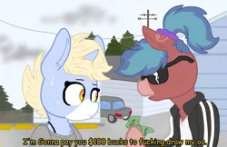 Size: 1576x1020 | Tagged: safe, artist:nootaz, derpibooru import, oc, oc:blitz razorwind, oc:nootaz, ponified, unofficial characters only, pony, dollar, duo, image, money, png, ponfied meme, sunglasses, trailer park boys, vulgar