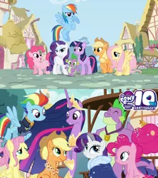 Size: 1280x1440 | Tagged: safe, artist:not-yet-a-brony, derpibooru import, edit, edited screencap, screencap, applejack, fluttershy, pinkie pie, rainbow dash, rarity, spike, twilight sparkle, alicorn, dragon, season 1, season 9, the last problem, spoiler:s09, anniversary, happy birthday mlp:fim, image, lyrics in the description, mane seven, mane six, mlp fim's tenth anniversary, older, older applejack, older fluttershy, older mane seven, older mane six, older pinkie pie, older rainbow dash, older rarity, older spike, older twilight, png, ponyville, the magic of friendship grows, then and now, twilight sparkle (alicorn), winged spike, youtube link