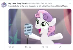 Size: 1476x1006 | Tagged: safe, derpibooru import, screencap, sweetie belle, pony, unicorn, bloom and gloom, bipedal, female, filly, funny, image, looking up, meta, microphone, my little pony facts, open mouth, png, raised hoof, solipsism, solo, text, twitter, what a twist