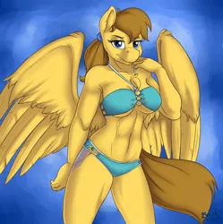 Size: 3316x3335 | Tagged: suggestive, artist:brushstroke, derpibooru import, oc, unofficial characters only, anthro, pegasus, abs, bikini, breasts, chest fluff, clothes, commission, ear fluff, female, image, looking at you, pegasus oc, png, ponytail, smiling, smiling at you, solo, solo female, swimsuit, underboob, wings