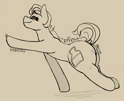 Size: 2150x1750 | Tagged: suggestive, artist:sile-animus, derpibooru import, oc, oc:gin cummy, oc:gin rummy, earth pony, pony, female, image, jpeg, mare, monochrome, raised tail, solo, stretching, tail, the ass was fat, thicc ass, thick