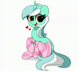 Size: 4096x3787 | Tagged: safe, artist:kittyrosie, derpibooru import, lyra heartstrings, pony, unicorn, blushing, clothes, cute, floating heart, heart, image, jpeg, open mouth, redraw, remake, simple background, sitting, smiling, socks, solo, striped socks, white background