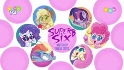 Size: 1024x576 | Tagged: safe, derpibooru import, screencap, applejack, fluttershy, pinkie pie, rainbow dash, rarity, twilight sparkle, twilight sparkle (alicorn), alicorn, pegasus, pony, unicorn, my little pony: pony life, superb six, spoiler:pony life s01e23, apple, book, cupcake, female, food, image, mare, png, sunglasses, tiny pop, title card