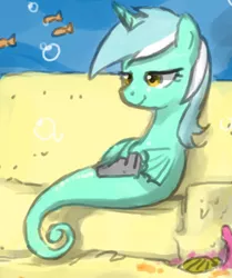 Size: 387x462 | Tagged: safe, artist:johnjoseco, derpibooru import, edit, lyra heartstrings, fish, pony, sea pony, unicorn, bedroom eyes, couch, cropped, image, meanwhile, meme, ocean, png, radio, seaponified, seapony lyra, sitting, sitting lyra, smiling, species swap, underwater