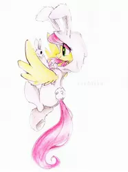 Size: 2154x2895 | Tagged: safe, artist:liaaqila, derpibooru import, angel bunny, fluttershy, pegasus, pony, rabbit, animal, animal costume, bunny costume, bunnyshy, clothes, costume, cute, footed sleeper, footie pajamas, image, jpeg, kigurumi, onesie, pajamas, pet, shyabetes, simple background, traditional art, white background