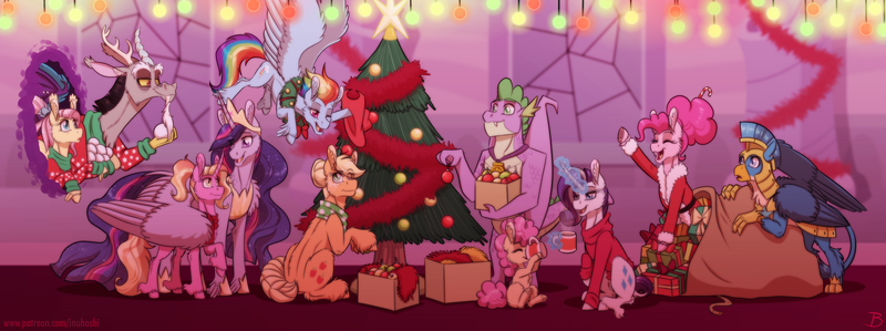 Size: 2696x1007 | Tagged: safe, artist:inuhoshi-to-darkpen, derpibooru import, applejack, discord, fluttershy, gallus, li'l cheese, luster dawn, pinkie pie, princess twilight 2.0, rainbow dash, rarity, spike, twilight sparkle, twilight sparkle (alicorn), alicorn, draconequus, dragon, earth pony, gryphon, pegasus, pony, unicorn, the last problem, christmas, gigachad spike, holiday, image, mane seven, mane six, older, older applejack, older fluttershy, older mane seven, older mane six, older pinkie pie, older rainbow dash, older rarity, older spike, older twilight, png, portal, royal guard, royal guard gallus, snow, snowball, winged spike