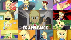 Size: 1972x1109 | Tagged: safe, derpibooru import, edit, edited screencap, editor:quoterific, screencap, applejack, fluttershy, human, dance magic, diy with applejack, equestria girls, equestria girls (movie), equestria girls series, friendship games, i'm on a yacht, rainbow rocks, rollercoaster of friendship, spring breakdown, street chic, sunset's backstage pass!, spoiler:eqg series (season 2), spoiler:eqg specials, applejack's hat, broken hand, clothes, cowboy hat, dance magic (song), denim skirt, duo, duo female, female, geode of super strength, green face, hammer, hat, hatless, image, magical geodes, missing accessory, motion sickness, open mouth, photo booth (song), png, ponied up, seasickness, shivering, shocked, skirt, solo, teeth