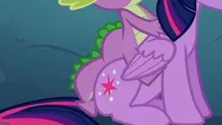 Size: 1040x585 | Tagged: safe, derpibooru import, screencap, spike, twilight sparkle, twilight sparkle (alicorn), alicorn, dragon, pony, princess twilight sparkle (episode), dragons riding ponies, female, image, male, mare, out of context, png, riding, sitting, spike riding twilight