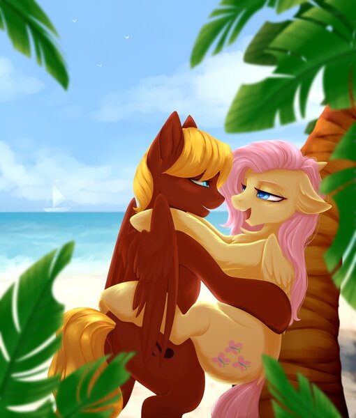 Size: 2550x3000 | Tagged: safe, artist:evlass, derpibooru import, fluttershy, oc, oc:soul harmony, pegasus, pony, against tree, beach, bedroom eyes, canon x oc, commission, cute, female, high res, image, jpeg, looking at each other, male, ocean, palm tree, romantic, sailboat, sex on the beach, shipping, soulshy, straight, tree