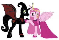 Size: 3716x2524 | Tagged: safe, artist:nathaniel718, derpibooru import, ponified, pony, adventure time, business suit, cartoon network, clothes, crossover, dress, female, holding hooves, husband and wife, image, male, mare, nergal, nergal and princess bubblegum, png, pony maker, princess bubblegum, shipping, simple background, stallion, suit and tie, the grim adventures of billy and mandy, white background