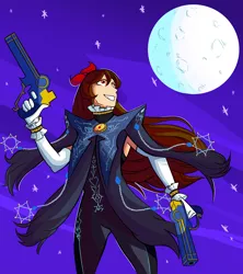 Size: 5000x5620 | Tagged: safe, artist:gatodraw, artist:rsa.fim, derpibooru import, oc, oc:whisper hope, human, bayonetta, bayonetta (character), clothes, cosplay, costume, female, full moon, gun, humanized, humanized oc, image, moon, png, red eyes, ribbon, simple background, smiling, solo, weapon