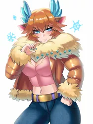 Size: 900x1200 | Tagged: safe, artist:tzc, derpibooru import, velvet reindeer, human, them's fightin' herds, anime, belly button, blushing, breasts, busty velvet reindeer, cleavage, community related, female, humanized, image, looking at you, nail polish, png, simple background, white background