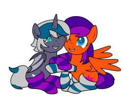 Size: 1011x791 | Tagged: safe, artist:icey-wicey-1517, artist:kb-gamerartist, color edit, derpibooru import, edit, oc, oc:elizabat stormfeather, oc:jade the pegasus, unofficial characters only, alicorn, bat pony, bat pony alicorn, pegasus, pony, alicorn oc, bat pony oc, bat wings, clothes, collaboration, colored, duo, female, grin, horn, hug, image, mare, one eye closed, png, raised hoof, simple background, sitting, smiling, socks, striped socks, transparent background, wings, wink