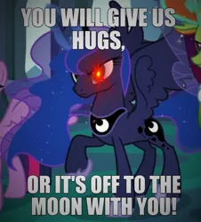 Size: 1155x1280 | Tagged: safe, derpibooru import, edit, edited screencap, screencap, princess luna, thorax, twilight sparkle, alicorn, changedling, changeling, to where and back again, angry, bronybait, caption, cropped, glowing eye, hug request, image, jpeg, king thorax, red eye, text, this will end in a trip to the moon, to the moon, twilight sparkle (alicorn)