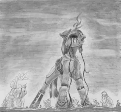 Size: 2796x2585 | Tagged: semi-grimdark, artist:joestick, derpibooru import, twilight sparkle, pony, unicorn, clothes, creepy, female, image, jpeg, mare, monochrome, necromancy, shoes, solo, traditional art