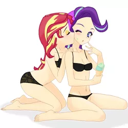 Size: 800x800 | Tagged: suggestive, artist:grapefruitface1, derpibooru import, starlight glimmer, sunset shimmer, human, anime style, base used, beanie, blushing, breasts, clothes, feet, female, food, hat, humanized, ice cream, image, kneeling, lesbian, licking, png, shimmerglimmer, shipping, tongue out, underwear