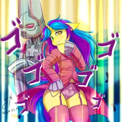 Size: 1024x1024 | Tagged: suggestive, artist:ninebuttom, derpibooru import, oc, oc:honeysnow, pony, unicorn, clothes, cosplay, costume, dirty deeds done dirt cheap, floppy ears, funny valentine, garter belt, garters, image, japanese, jojo's bizarre adventure, meme, moon runes, panties, pink underwear, png, ribbon, socks, stand, steel ball run, stockings, thigh highs, underwear