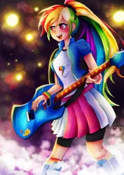 Size: 736x1041 | Tagged: safe, artist:meqiopeach, derpibooru import, lightning bolt, rainbow dash, white lightning, human, equestria girls, rainbow rocks, anniversary, art, awesome as i want to be, blushing, clothes, concert, cute, dashabetes, digital, drawing, fanart, female, guitar, human coloration, image, multicolored hair, musical instrument, night, outdoors, performance, png, ponytail, rainbow hair, rock (music), shadow, skirt, smoke, socks, song reference, sparkles, sticker