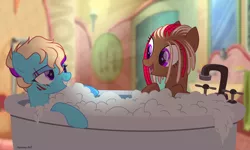 Size: 3096x1855 | Tagged: safe, artist:al-lat, derpibooru import, oc, oc:june blaze, oc:machiko, unofficial characters only, earth pony, pegasus, pony, bath, bathtub, bedroom eyes, bubble, commission, eye scar, eyebrow piercing, female, grin, image, lesbian, looking at each other, oc x oc, open mouth, piercing, png, scar, shipping, smiling, soap bubble, water, ych result