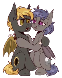 Size: 1584x1997 | Tagged: safe, artist:kotya, derpibooru import, oc, oc:night skies, oc:solar flux, bat pony, derpibooru community collaboration, 2021 community collab, bat pony oc, bat wings, female, fluffy, full body, hug, image, looking at each other, male, png, simple background, smiling, transparent background, wings