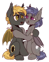 Size: 1584x1997 | Tagged: safe, artist:cherry_kotya, derpibooru import, oc, oc:night skies, oc:solar flux, bat pony, derpibooru community collaboration, 2021 community collab, bat pony oc, bat wings, female, fluffy, full body, hug, image, looking at each other, male, png, simple background, smiling, transparent background, wings