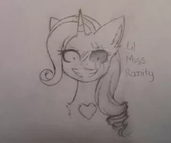 Size: 1530x1279 | Tagged: safe, artist:aleuoliver, derpibooru import, pony, unicorn, lil-miss rarity, bust, eye scar, female, grayscale, grin, heterochromia, horn, image, jpeg, lineart, mare, monochrome, scar, smiling, solo, traditional art